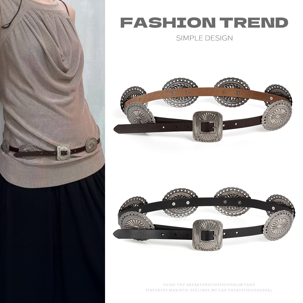 In-Stock Punk Style Ins Western Cowboy Style Waist Chain Women's Retro Bohemian Belt Carved Fashion Leather Belt