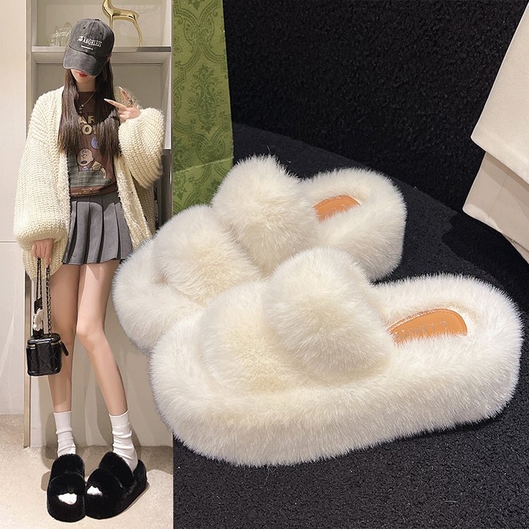 7cm Thick-Soled Furry Slippers for Outer Wear 2025 Autum New Fashion Wedge-Heeled Platform Sole 35-41 Size Cotton Slippers