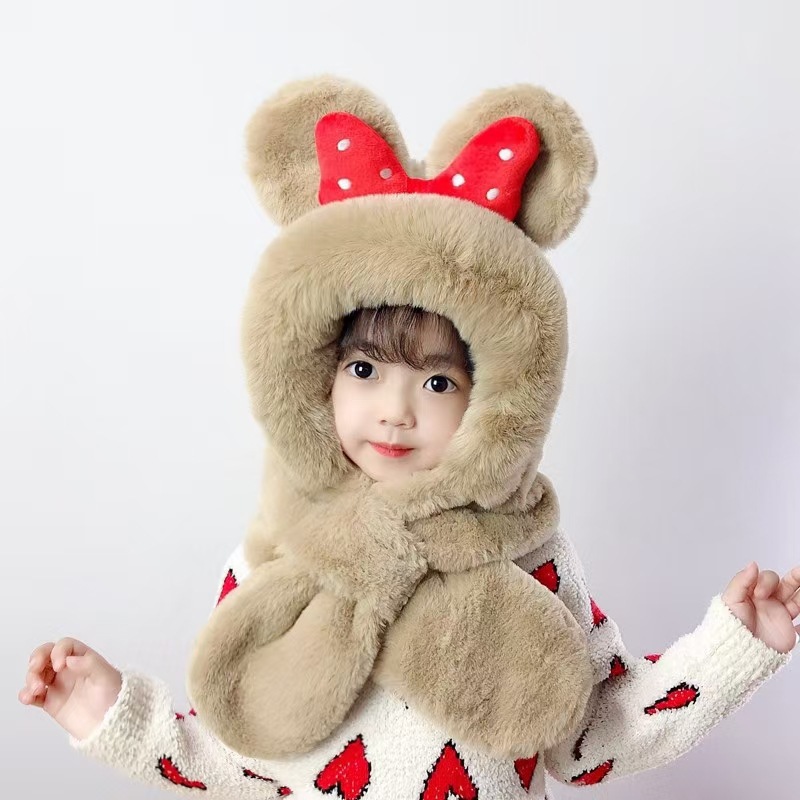 Winter Children's Hat and Scarf One-piece Cute Bow for Boys and Girls Baby and Child Warm Ear Protection Gloves One-piece
