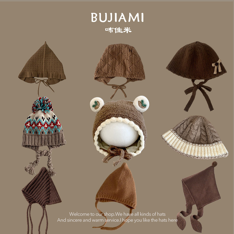 Children's Hats Colorfulful Fur Ball Woolen Hats for Girls in Autumn and Winter, Versatile Warm Knitted Hats, Korean Style Ear Protection Pullover Hats, Trendy