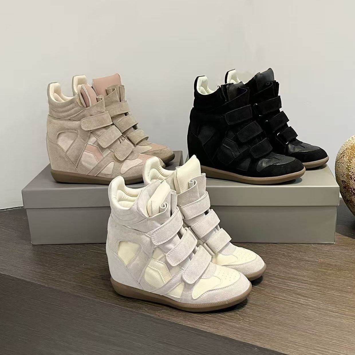 2025 Autumn Velcro Invisible Inner Heightening Women's Shoes 8cm Wedge Color Matching Sports Casual Shoes Genuine Leather High-Top Shoes